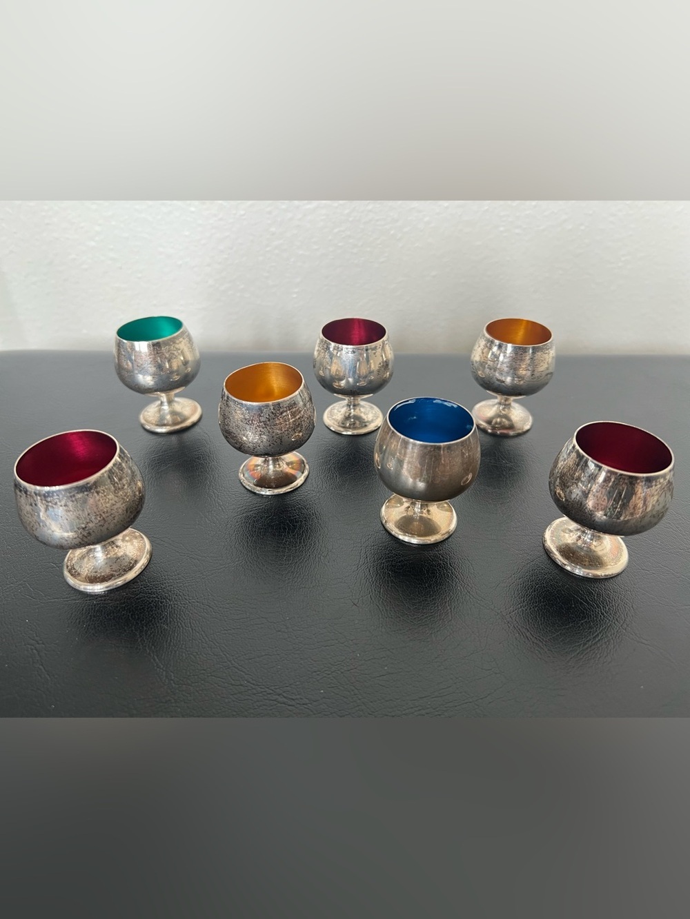 Gorham Sterling 955 Small Silver Cordial Cups Colorful Enamel Interiors set of 7